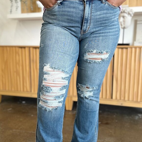 Judy Blue Full Size Distressed Raw Hem Bootcut Jeans - Picture 1 of 5